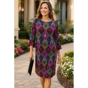 Chico's Jewel Geo Print Sheath Dress Bell Sleeve Multicolor‎ XS